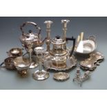 Plated ware including two pairs of candlesticks, height of tallest 25.5cm, spirit kettle, Walker &