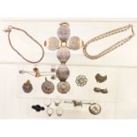 A collection of silver jewellery including fobs, Art Deco ring, other rings, paste brooch, etc