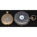 Two keyless winding ladies pocket watches, one 9ct gold open faced with engraved and enamel