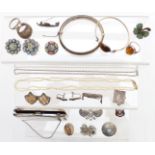 A collection of jewellery including silver bangle, silver rings, micro mosaic brooches, pearl
