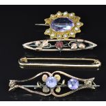 Victorian amethyst and seed pearl brooch, 15ct gold brooch (2.3g) and two 9ct gold brooches, 3.7g