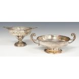 George V hallmarked silver pierced twin handled pedestal bowl or bonbon dish, width 13cm together