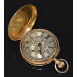 Unnamed 18ct gold keyless winding full hunter pocket watch with inset subsidiary seconds dial, blued