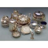 Silver plated ware to include galleried circular tray, tea ware and sauce boat