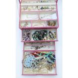 A collection of jewellery including silver necklaces, pearl bracelets, beads, rings, etc