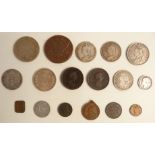 A small interesting group of coins and tokens etc, George III, Victoria and a Russian 1765 five
