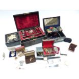 A collection of costume jewellery including brooches, jewellery box, cufflinks including silver,
