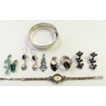 A collection of silver jewellery including bangle, earrings, watch set with marcasite, pendants,