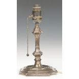 Mappin & Webb hallmarked silver table lamp of similar form to a candlestick, with square base having