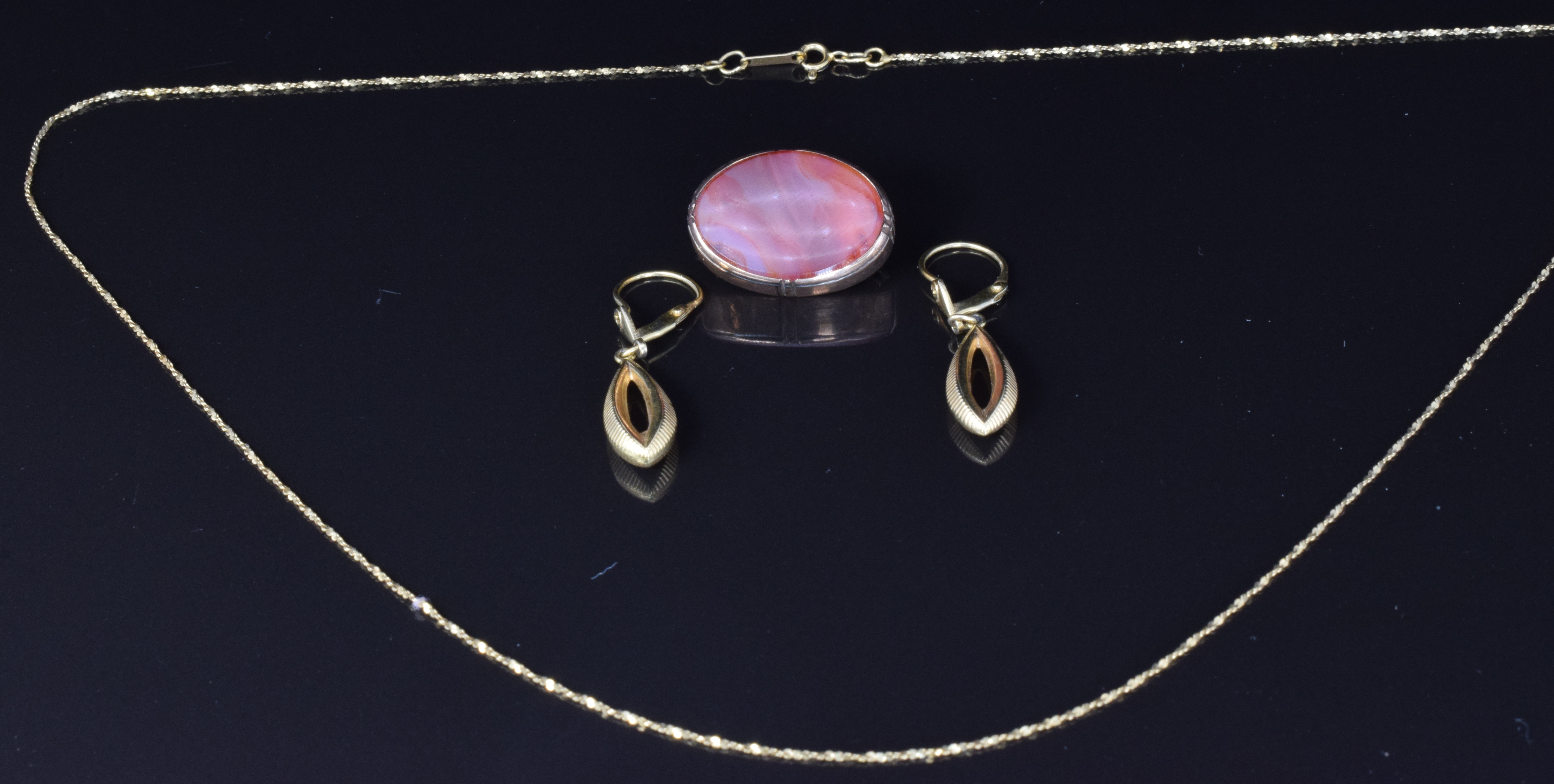 A pair of 9ct gold earrings, 9ct gold chain, 2.2g, length 44cm and a hardstone brooch - Image 2 of 2