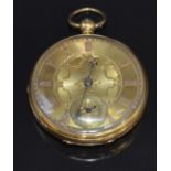 Unnamed 18ct gold open faced pocket watch with subsidiary seconds dial, blued beetle and poker