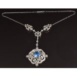 A c1900 silver continental necklace set with foiled blue and clear paste, 50cm long