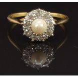 Victorian ring set with a natural pearl surrounded by old cut diamonds, size R, 3.3g