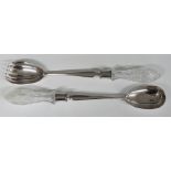 Pair of Victorian hallmarked silver cut glass-handled salad servers, London 1886, maker John