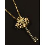 Clogau 14k gold key pendant set with three diamonds on 9ct gold Clogau chain, in original box with