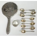 Three Chinese white metal spoons with maker's mark MC85, length 13cm, set of six hallmarked silver