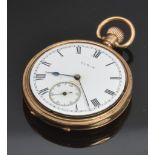Elgin 9ct gold keyless winding open faced pocket watch with inset subsidiary seconds dial, blued
