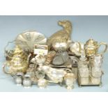 Collection of silver plated and metal ware including a four division cruet, pedestal baskets,