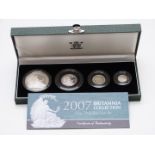 Royal Mint 2007 UK four coin silver proof Britannia collection, in deluxe case with certificate