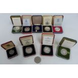 Nine various Royal Mint proof silver and proof crowns etc, all cased, most with certificates