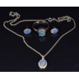 A 9ct gold ring set with an opal triplet, size Q, 2.3g, with similar pendant and earrings