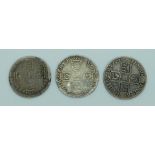 William III 1696 sixpence Exeter Mint, together with a 1697 example and a Queen Anne 1711