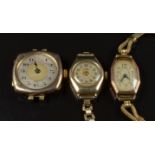 Three 9ct gold ladies wristwatches including one Binatone with yellow metal part bracelet and one