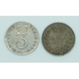 George III 1762 Maundy three pence, together with a William IV  1831 Maundy fourpence