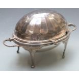 Silver plated twin handled food warmer with revolving lid, width 38cm