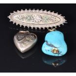 A 9ct rose gold heart locket, Birmingham 1904, a 9ct rose gold brooch, Birmingham 1904 and a