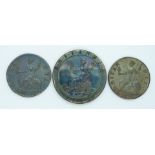 George III trio of copper coins comprising 1797 cartwheel penny, EF with burnishing, 1772