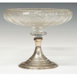 American white metal footed cut glass tazza or pedestal bowl, marked to underside Hawkes Sterling,