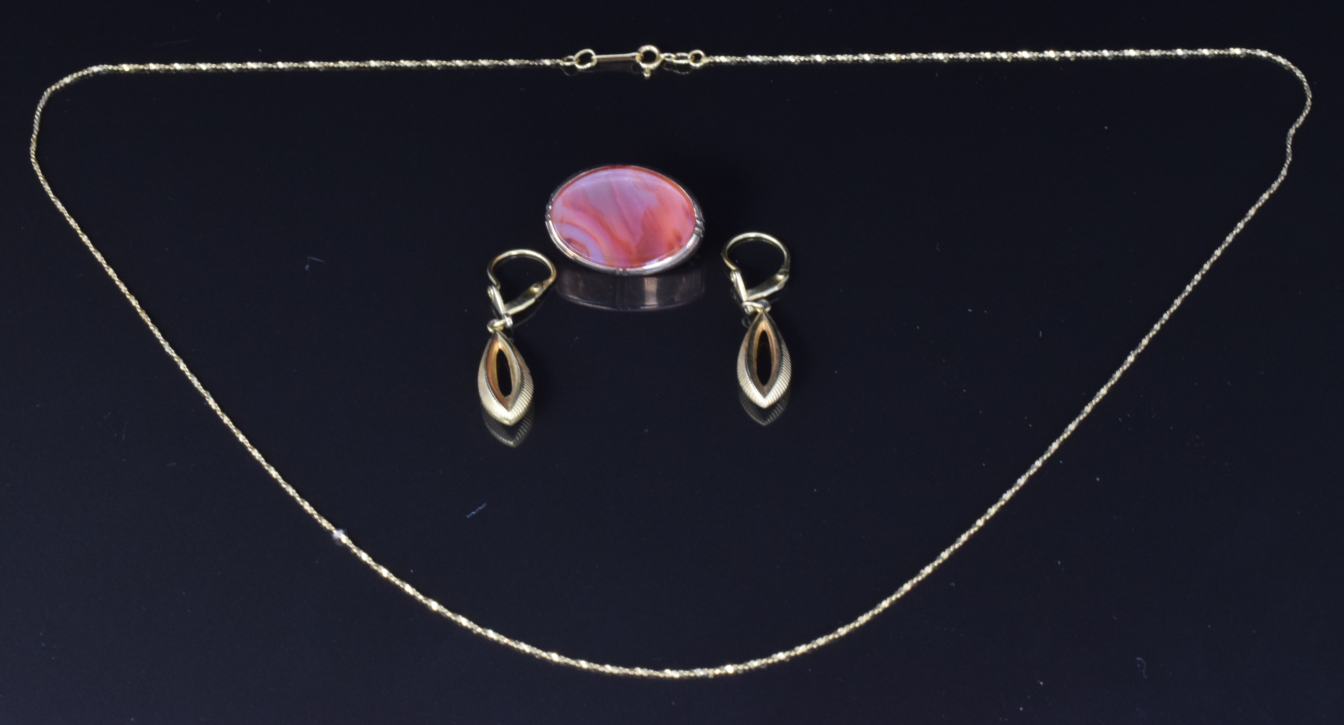 A pair of 9ct gold earrings, 9ct gold chain, 2.2g, length 44cm and a hardstone brooch