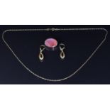 A pair of 9ct gold earrings, 9ct gold chain, 2.2g, length 44cm and a hardstone brooch
