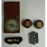19thC wooden cased compass, two tartanware boxes, set of four buttons with applied rampant lions and
