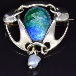 Archibald Knox gold brooch set with blue and green enamel and a drop pearl, 2.9 x 3.8cm, 7.7g (pg