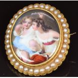 Victorian brooch set with an enamel plaque depicting two young girls, within a border of split