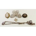 A silver fob chain and brooches including filigree, micro mosaic and cameo examples