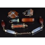 A group of Victorian agate including charm, section of bracelet and a swivel fob
