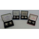 Four Royal Mint silver proof paired cased coin sets comprising £2, 50p, 10p, 5p examples, all with
