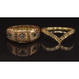 Edwardian ring set with paste, Birmingham 1906, size M and a 9ct gold ring, size L, 2.2g