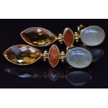 A pair of 18ct gold earrings set with citrine, chrysoberyl and sunstone, 13.5g