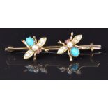 Edwardian 15ct gold brooch depicting two insects set with turquoise, seed pearls and rubies,
