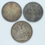 Queen Victoria 1890 Jubilee head crown and two 1887 double florins, all toned
