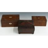 Mother of pearl inlaid rosewood work box with lift-out tray, mahogany tea caddy and a Tunbridge Ware