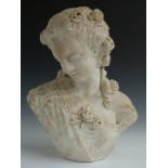 19thC carved alabaster bust of a lady with flower garland in her hair, H42cm