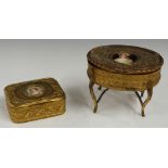 Two gilt metal boxes with inset portrait miniatures of 19thC ladies, largest W9 x D7 x H7cm