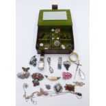 A collection of jewellery including lucite pendant, silver necklaces, rings, cameo, Trifari clip etc