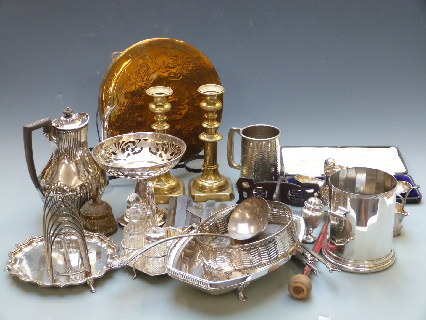 Large collection of silver plated and metal ware including swing handled dish, length 31cm,