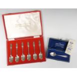 Cased set of six hallmarked silver teaspoons and a Boston Tea Party commemorative liberty spoon,